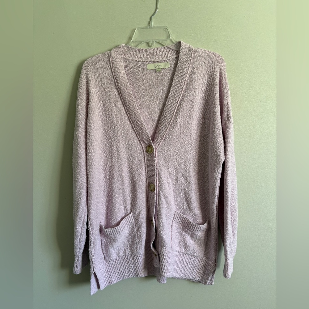 LOFT Women’s Cotton Cardigan Size Medium Button Front Vneck Pink Spring Pastel